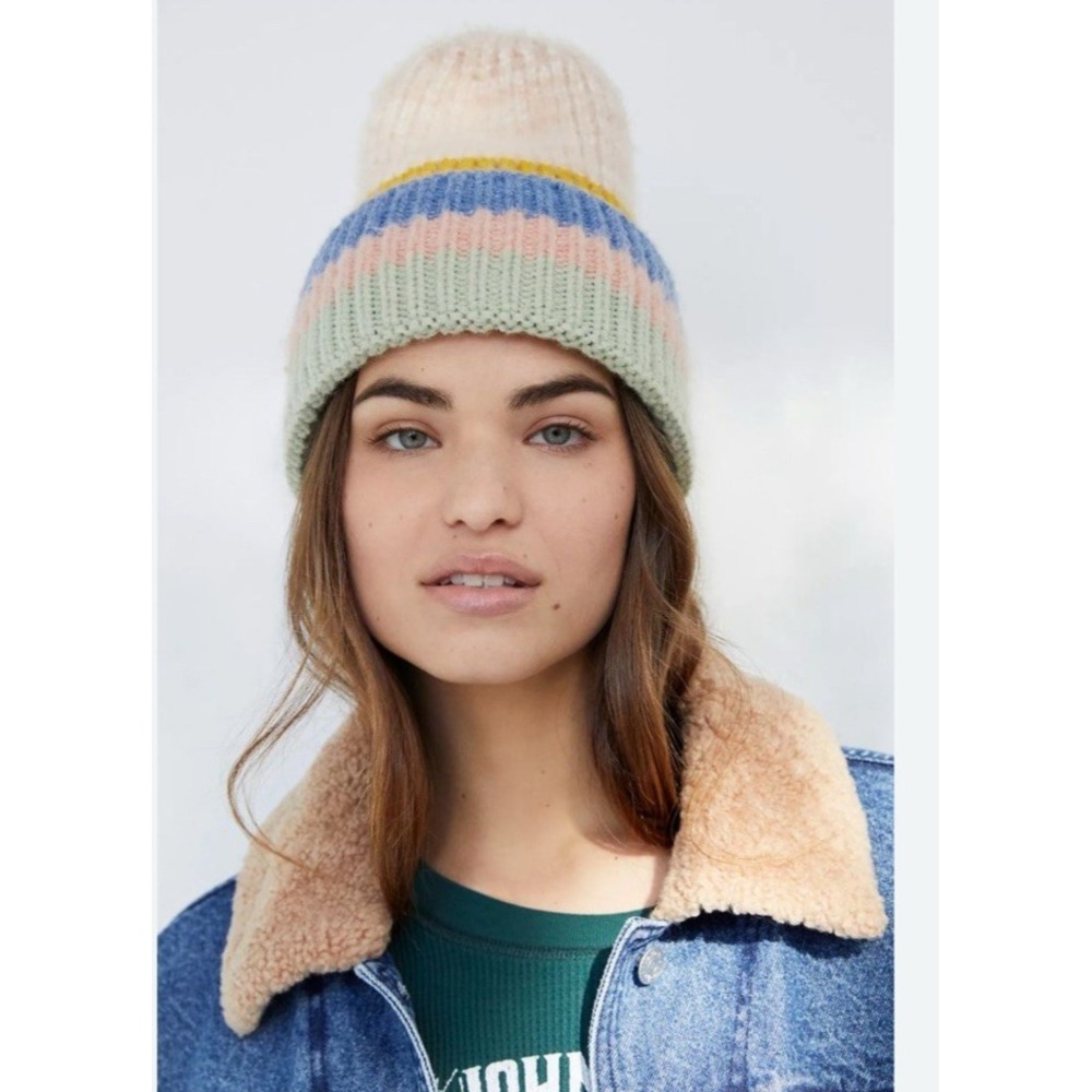 Anthropologie Women Mattie Striped Beanie Winter Hat Scully One Size Fuzzy Top